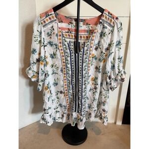 Lucky Brand Womens Blouse S‎ Boho Floral Peasant Ruffle Hem Top